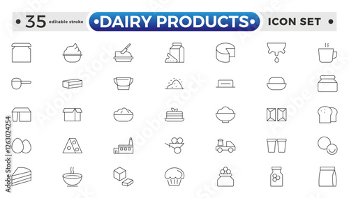 Milk and dairy products outline icon. Natural cow's milk and fermented milk products, cheese, cream, sour cream, and cottage cheese. Web line icon.  Editable stroke outline icon.
