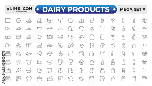 Milk and dairy products outline icon. Natural cow's milk and fermented milk products, cheese, cream, sour cream, and cottage cheese. Web line icon.  Editable stroke outline icon.
