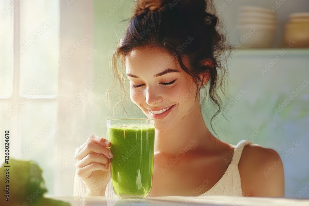 A young woman enjoys a refreshing green smoothie in the sunlight. A young woman enjoys a refreshing green smoothie in the sunlight.