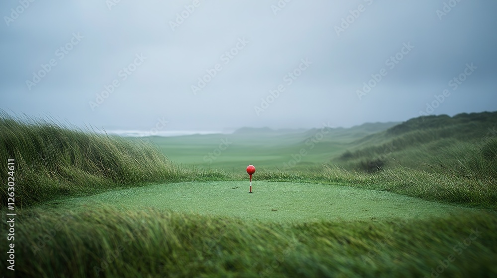 A lone golf ball sits on a misty green A lone golf ball sits on a misty green