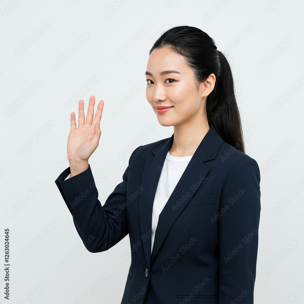 A minimalist studio shot of a confident Asian woman with sleek black hair styled in a high ponytail A minimalist studio shot of a confident Asian woman with sleek black hair styled in a high ponytail