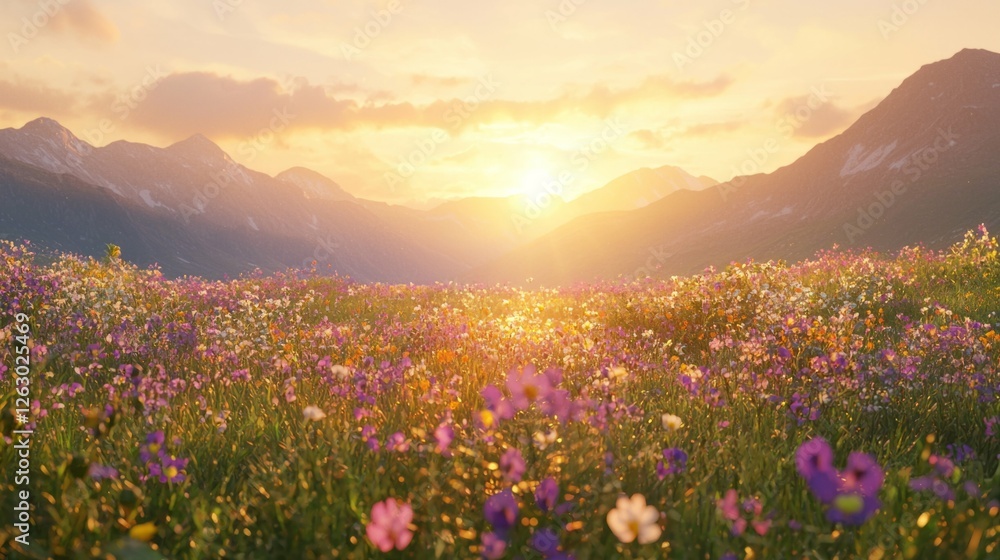 Obraz premium Vibrant Floral Landscape at Sunrise in Mountain Valley