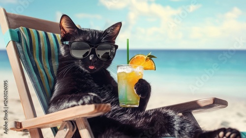 Black Cat Wearing Sunglasses Enjoying Drink on Beach Chair