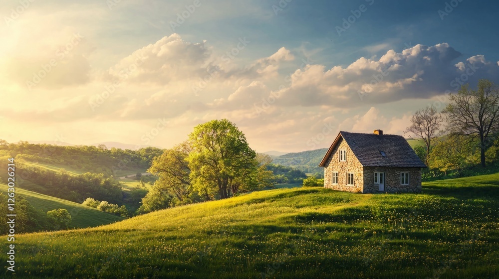 Tranquil countryside landscape with a cozy house and rolling hills Tranquil countryside landscape with a cozy house and rolling hills