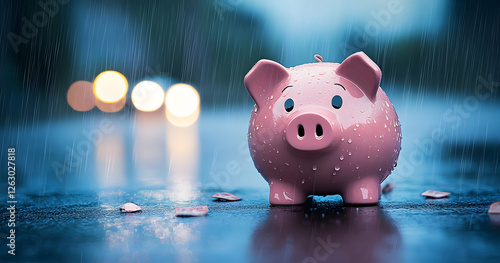 Sad, pink piggy bank in rainy weather. Symbolizes savings, increasing costs, consumption. Concept of expansive living. Saving money for worse days. Blurred blue background. photo