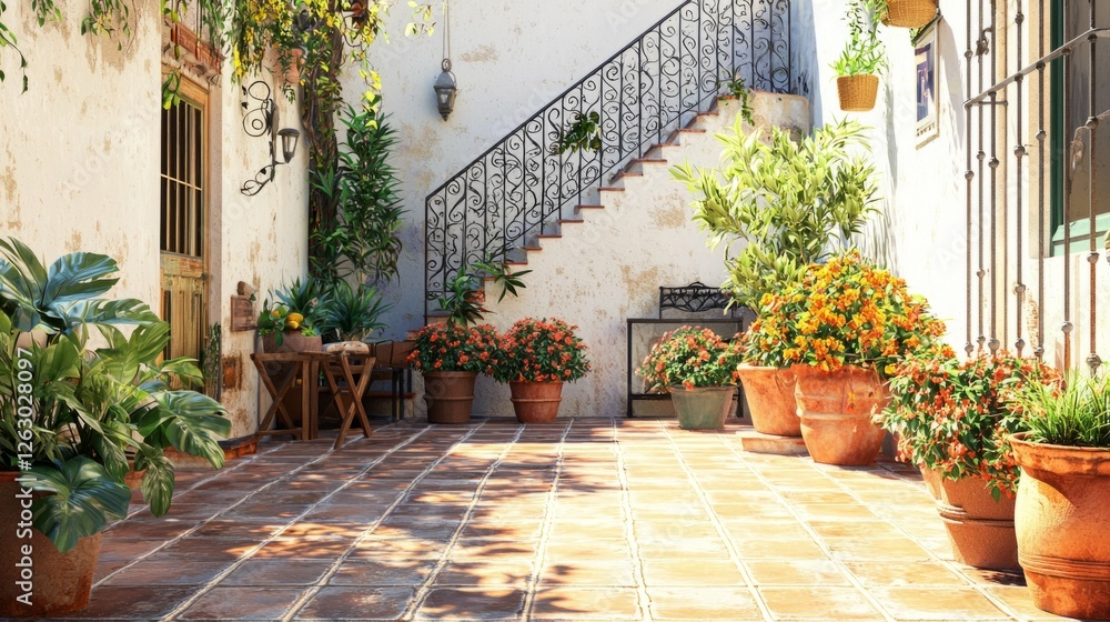 Naklejka premium Serene Garden Courtyard with Vibrant Flowers and Elegant Stairs
