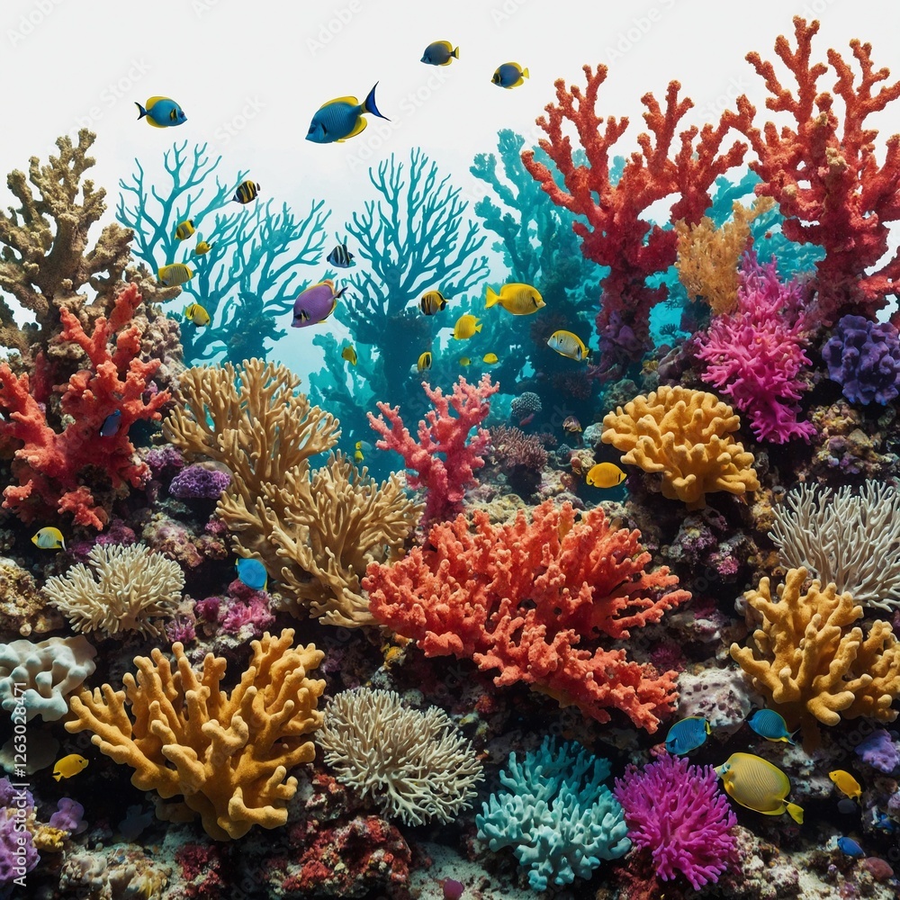 Fototapeta premium A colorful coral reef digitally illustrated against a white background.