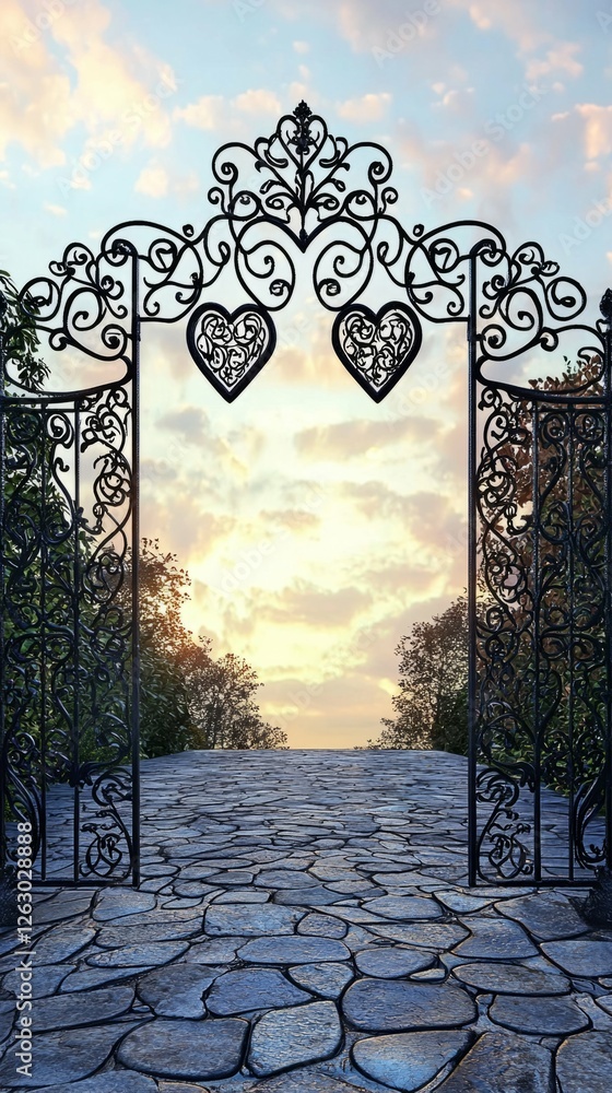 Ornate Wrought Iron Gate with Heart Design at Sunset Horizon View Ornate Wrought Iron Gate with Heart Design at Sunset Horizon View