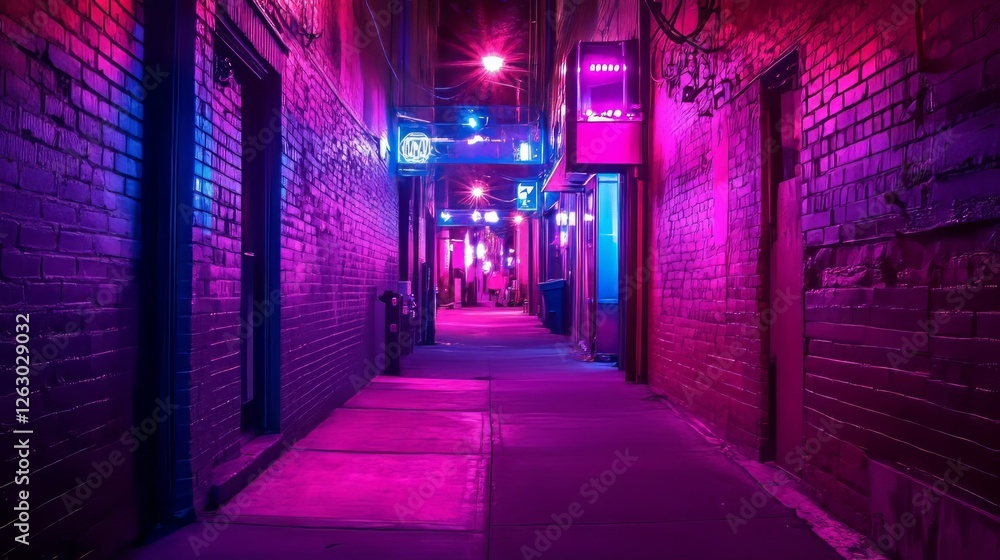 Fototapeta premium Cyberpunk Urban Alleyway With Neon Lighting. Gloomy Streets At Night.