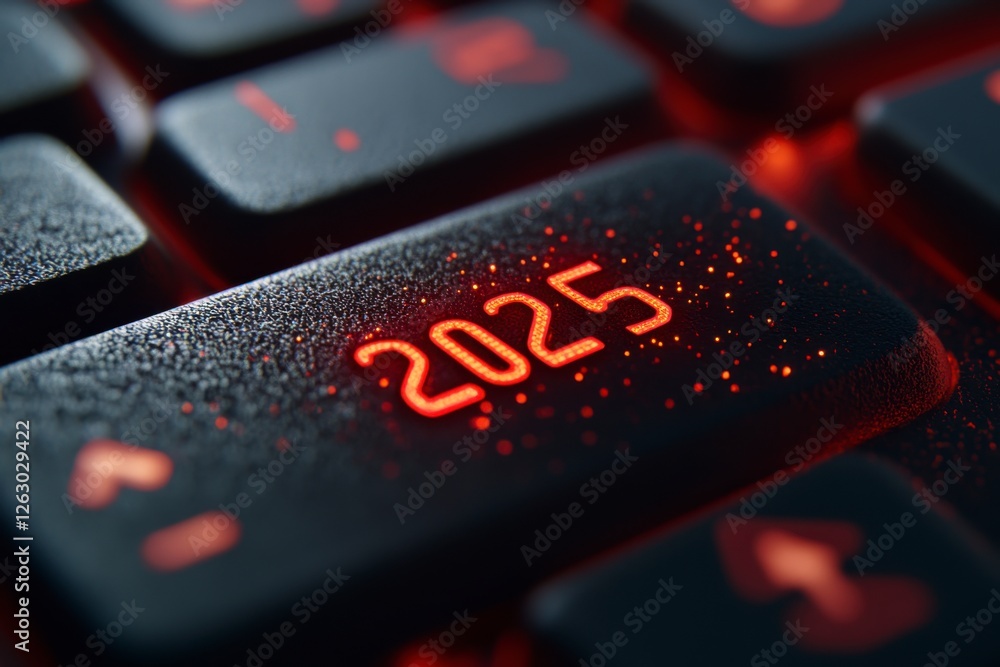 The red Christmas keyboard button clearly states the year 2025, representing a futuristic theme and technological advancement or innovation. The red Christmas keyboard button clearly states the year 2025, representing a futuristic theme and technological advancement or innovation.
