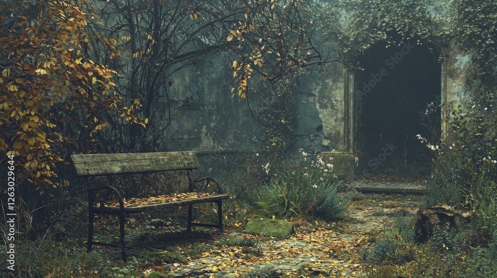 Abandoned Garden with Overgrown Vegetation and Wooden Bench Abandoned Garden with Overgrown Vegetation and Wooden Bench