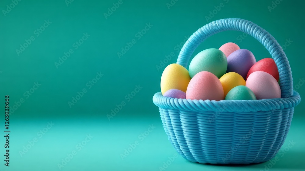 Fototapeta premium Colorful Easter eggs in a blue basket, festive holiday decoration, spring celebration concept