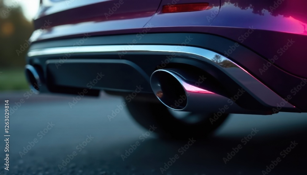 Naklejka premium Chrome exhaust pipe exiting vehicle, angled down, system, automobile, exhaust