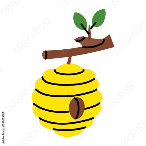 yellow beehive is hanging on a tree branch. A beehive with honey inside, isolated on a white. A beehive with lines, a branch with leaves. A bee insect house. Vector illustration of an isolated object