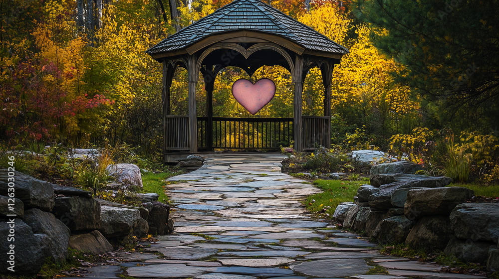 Obraz premium A stone pathway leading to a heart-shaped gazebo, postcard design with space for greetings