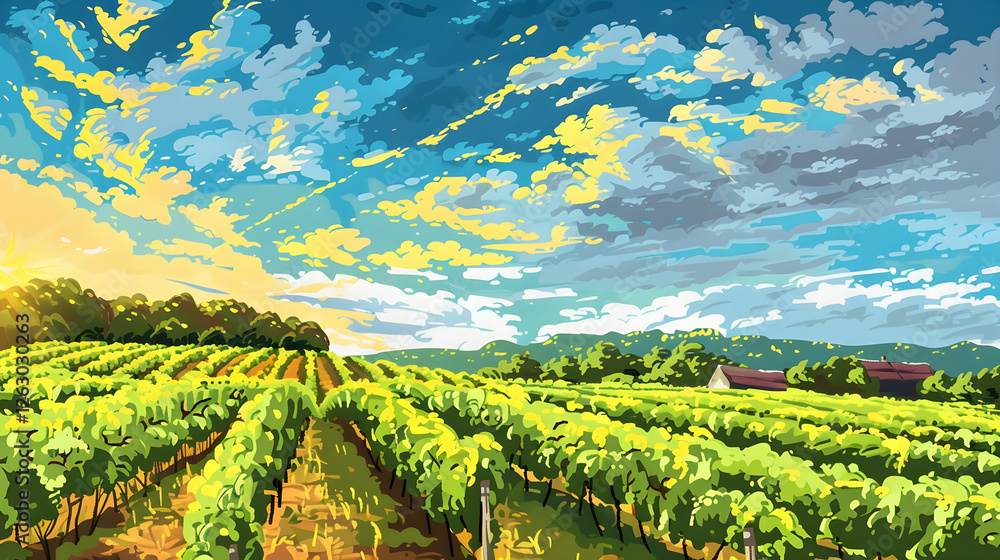 Fototapeta premium Lush vineyard landscape at sunset with vibrant skies and distant farmhouses, ideal for agriculture themes
