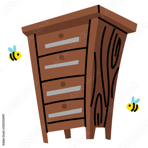 Wooden Beehive in an apiary box. apiary farm highlighted on a white. Home-made honey production. One wooden house for bees. Insects fly near the house. drawer with shelves and frames for storing honey