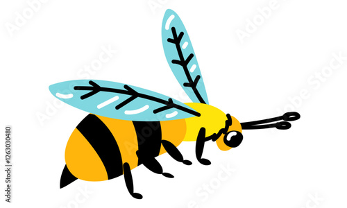 A big bee is crawling. A flat-style illustration showing an elongated bee. Funny bee crawls to collect pollen. Insect. For posters, greeting cards and children's design. An isolated colored animal
