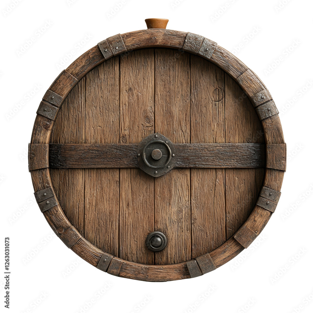 Fototapeta premium Old Wooden Barrel with Metal Bands and Authentic Rustic Design Suitable for Vintage Themes and Old World Charm