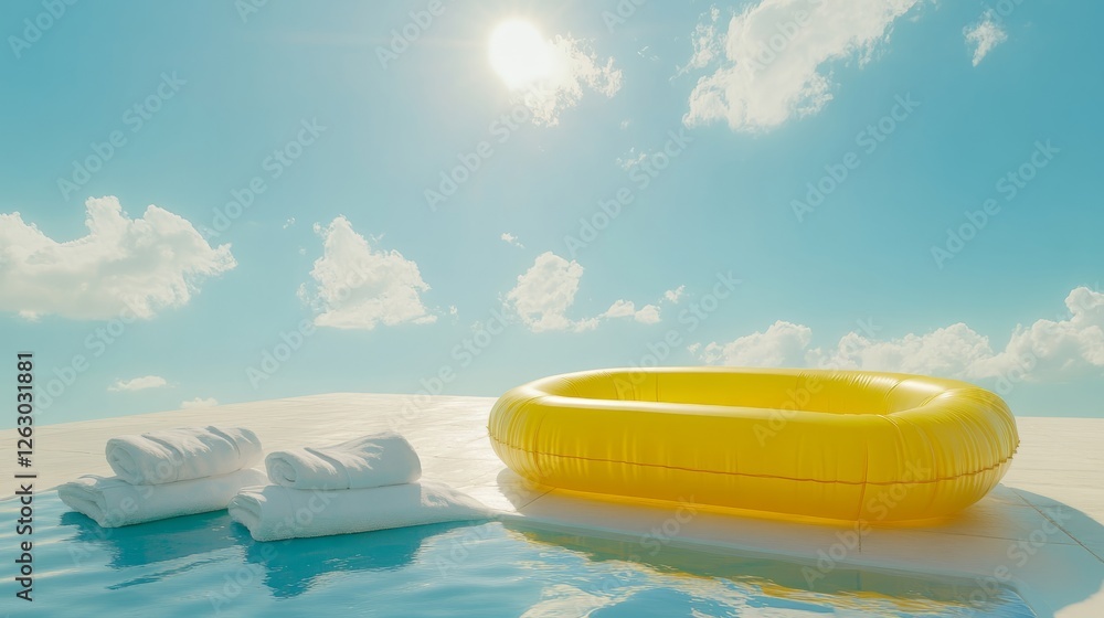 Refreshing outdoor scene with a yellow inflatable pool, sunlit towels, and a clear blue sky Refreshing outdoor scene with a yellow inflatable pool, sunlit towels, and a clear blue sky