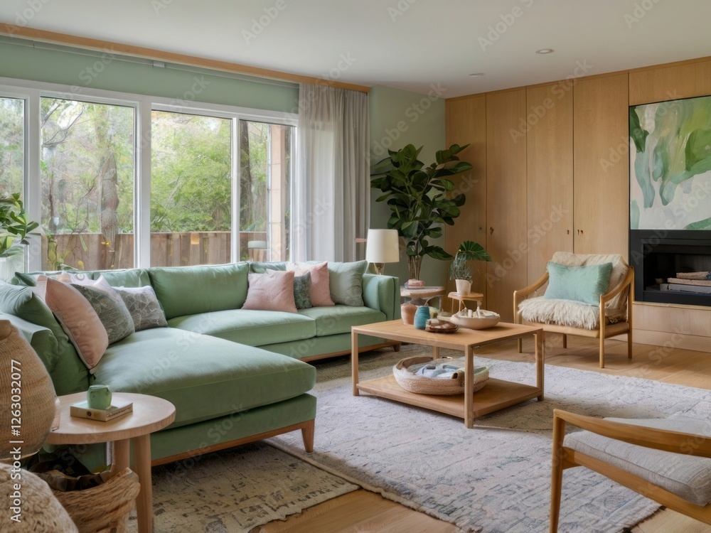 Fototapeta premium Modern Green Sectional Sofa Living Room Design