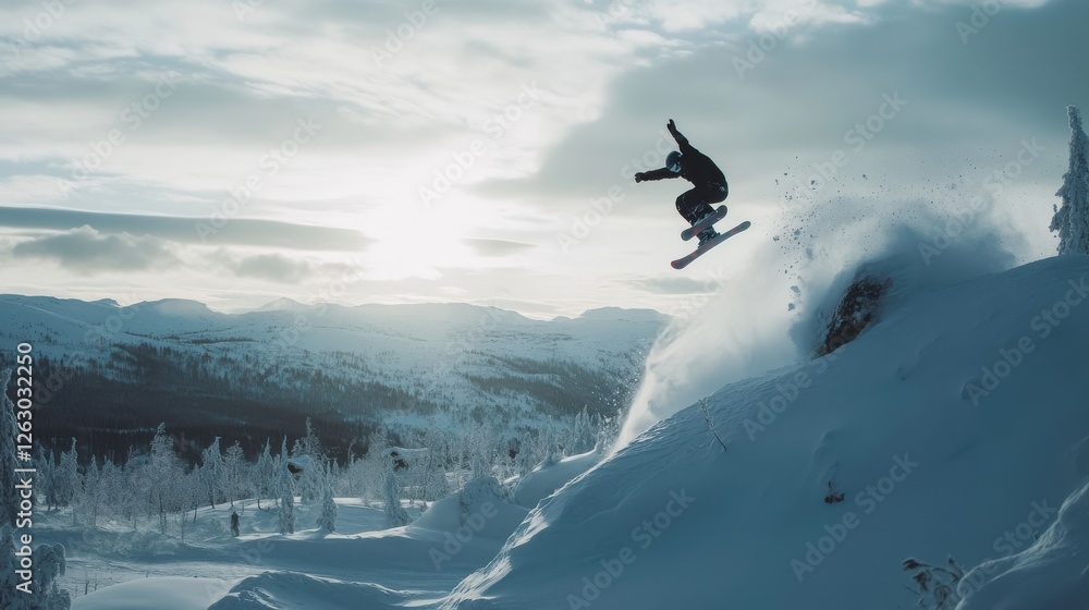 Freestyle snowboarder performing a backflip in extreme snowboarding action, snowcovered landscape creating a dramatic winter backdrop Freestyle snowboarder performing a backflip in extreme snowboarding action, snowcovered landscape creating a dramatic winter backdrop