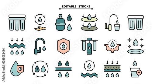 Simple Set of Water Related Vector Icons. Editable stroke. Water purification icon set. Wastewater treatment collection. Osmosis and desalination. Filtration process