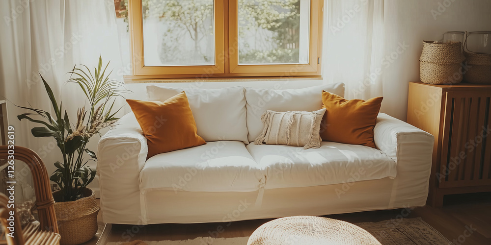 Fototapeta premium Stylish modern living room interior in minimalistic style. Cozy living room arrangement, soft blankets, earthly colored pillows and house plants.