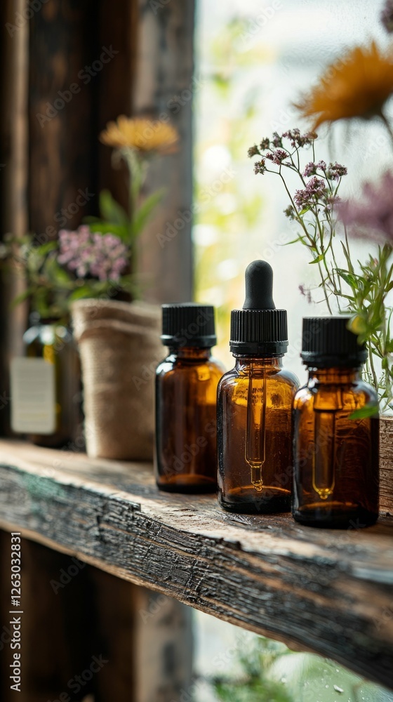 Brown Glass Bottles with Droppers and Wildflowers in Natural Setting Brown Glass Bottles with Droppers and Wildflowers in Natural Setting