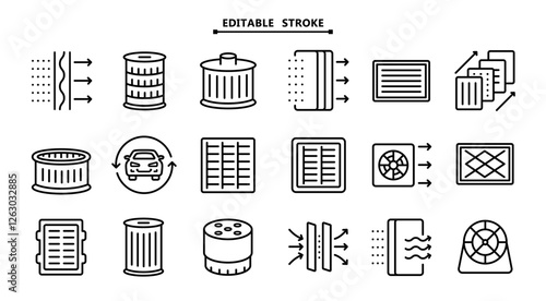 Different car filters line icons set. Simple image of oil, gasoline and air filter for cleaning fuel, air and oil. Car service icons collection