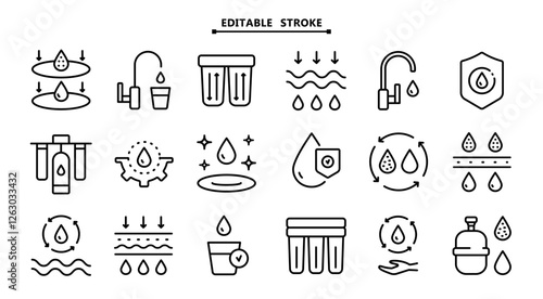 Simple Set of Water Related Vector line Icons. Editable stroke. Water purification icon set. Wastewater treatment collection. Osmosis and desalination. Filtration process