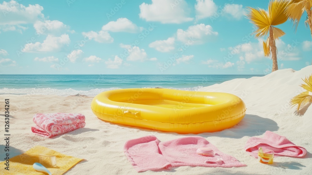 Sun-drenched scene with a yellow inflatable pool, vibrant beach towels, and clear skies. Sun-drenched scene with a yellow inflatable pool, vibrant beach towels, and clear skies.