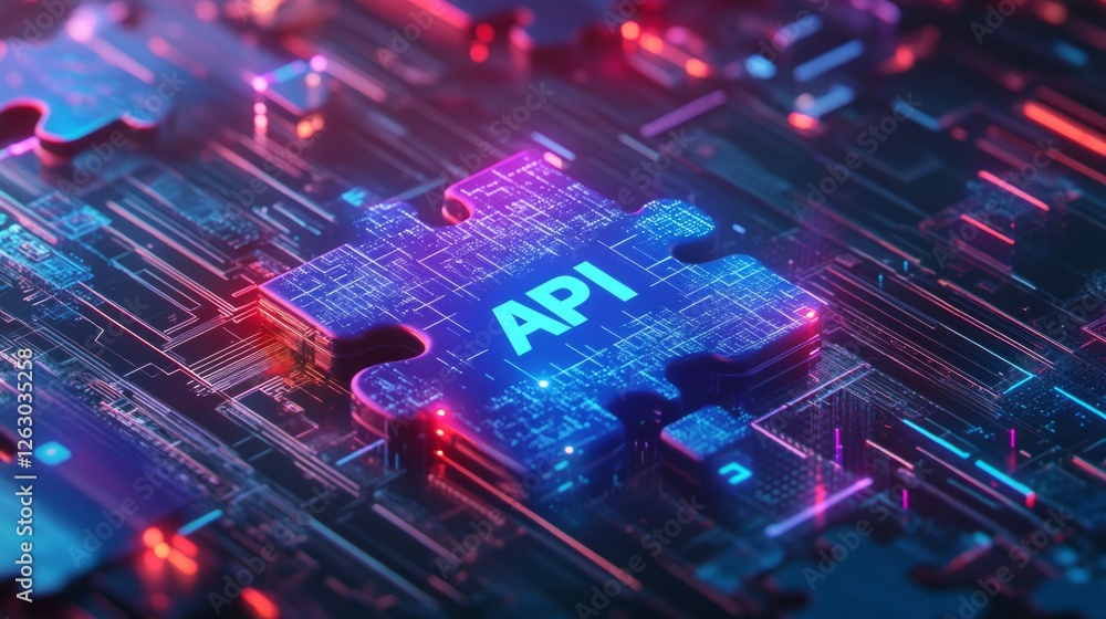 Fototapeta premium API Puzzle Piece On Circuit Board. Software Integration Concept. Application Programming Interface Tech.