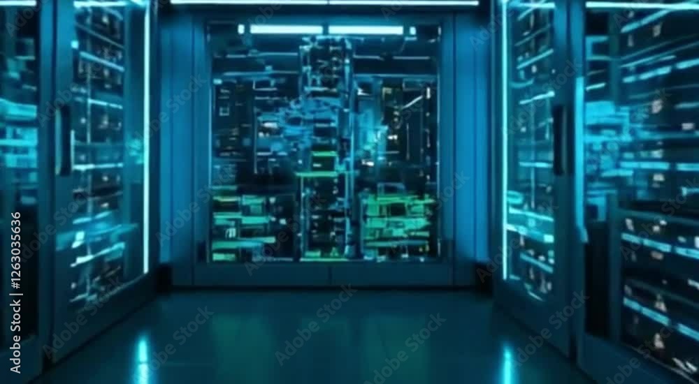 Server Room - 4K Resolution Illuminated server racks in a data center. Server Room - 4K Resolution Illuminated server racks in a data center.