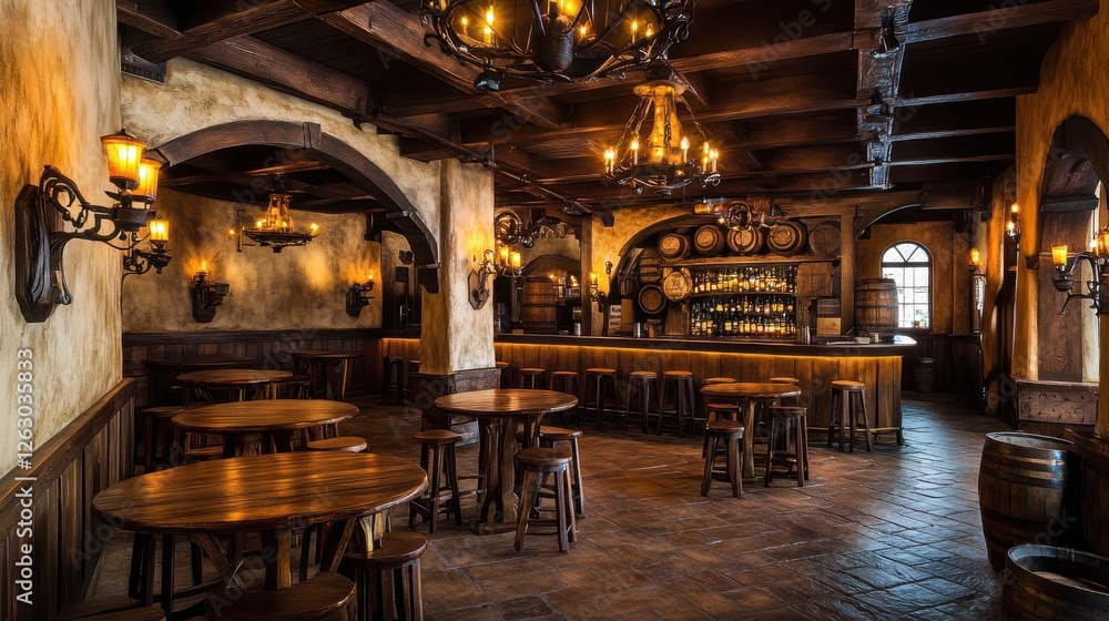 Rustic tavern interior with wooden tables and hanging chandeliers in a cozy atmosphere Rustic tavern interior with wooden tables and hanging chandeliers in a cozy atmosphere