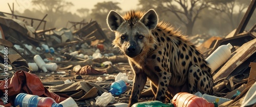 Hyena Sitting Amidst Garbage in a Wide Angle Shot Capturing Wildlife's Struggle for Survival. photo