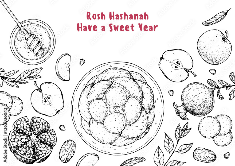 Obraz premium Rosh Hashanah greeting card design template. Hand drawn vector illustration. Jewish new year symbols. Challah bread, apple, pomegranate , honey top view.