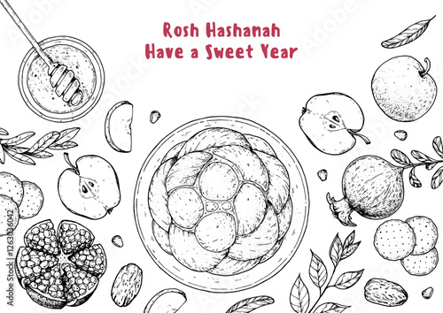 Rosh Hashanah greeting card design template. Hand drawn vector illustration. Jewish new year symbols. Challah bread, apple, pomegranate , honey top view.