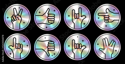 Holographic Hand gesture stickers icons set with holographic backgrounds, peace, thumbs up, pointing, sign language symbols for social media, digital communication, design projects.Vector illustration