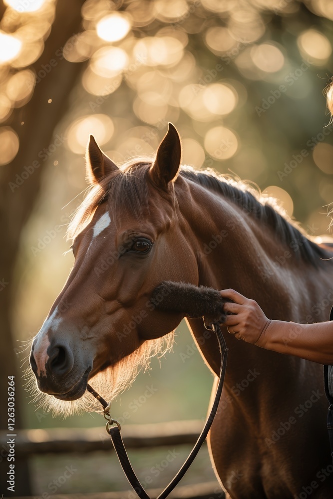 Obraz premium Grooming a horse under warm sunlight with a blurred background of trees