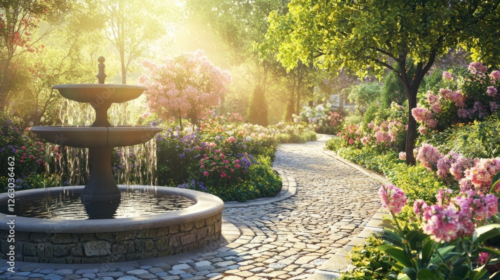 Serene Garden Pathway with Fountain Surrounded by Colorful Blooms Serene Garden Pathway with Fountain Surrounded by Colorful Blooms