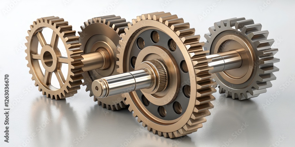 3D Rendered Gold Gears Interlocking Mechanism, 3 Gear Set, Precision Engineering Gear mechanism, 3D rendering 3D Rendered Gold Gears Interlocking Mechanism, 3 Gear Set, Precision Engineering Gear mechanism, 3D rendering