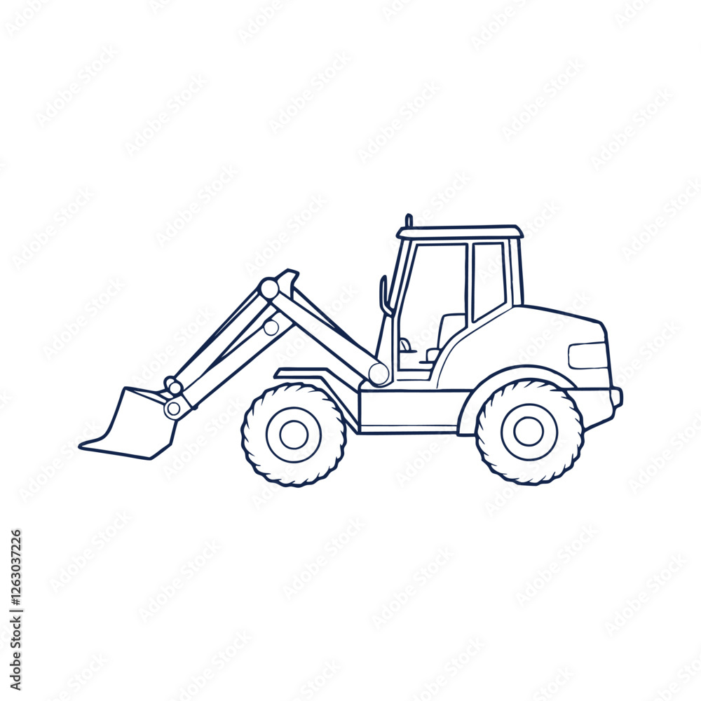 Naklejka premium Excavator Outline Drawing, Backhoe Loader Line Art