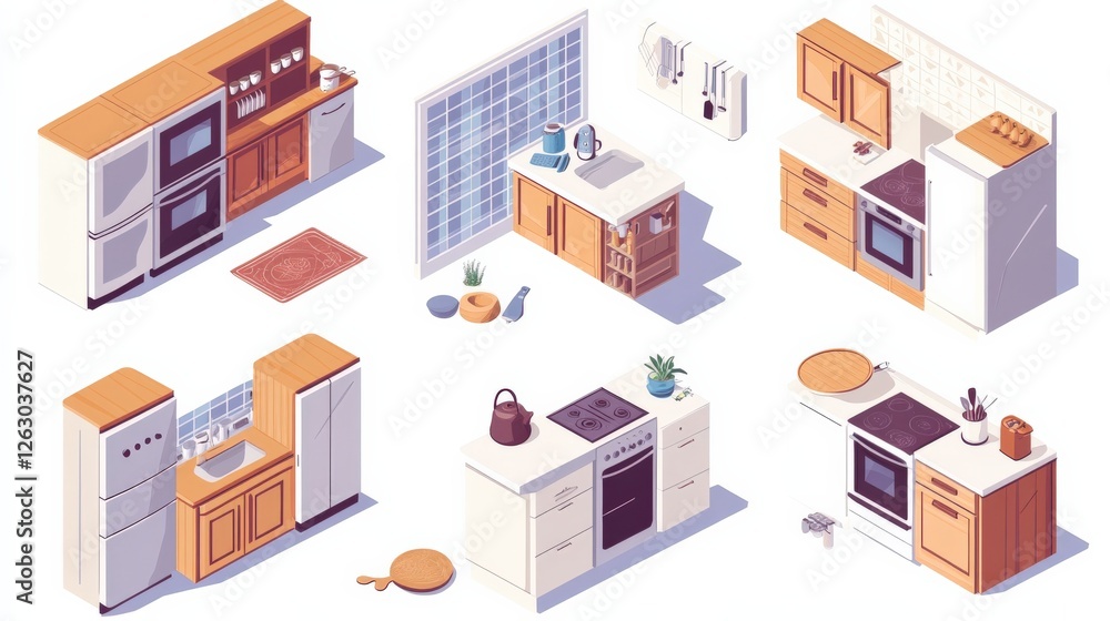 Isometric illustration of modern kitchen setups showcasing various appliances and decor Isometric illustration of modern kitchen setups showcasing various appliances and decor