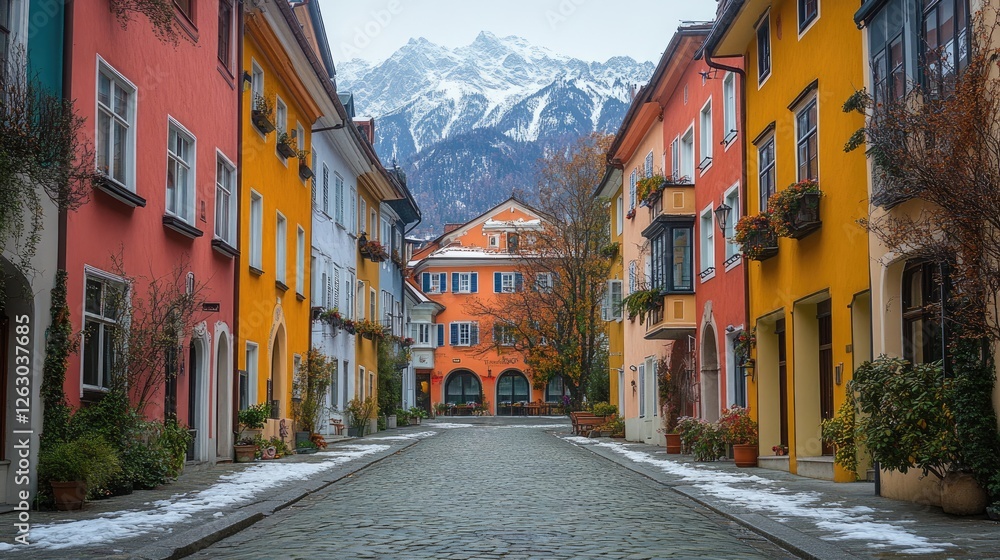 Naklejka premium Colorful European Street Snow Mountain View