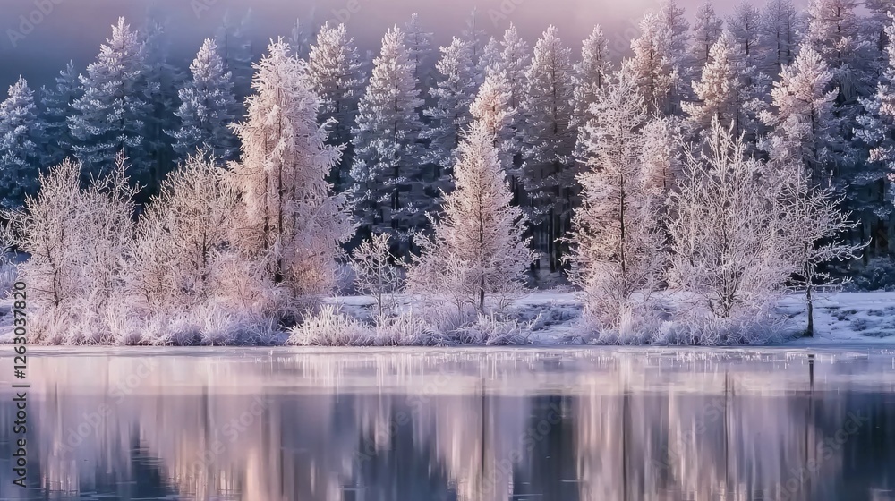 Serene Winter Landscape with Frosty Trees and Calm Water Reflection Serene Winter Landscape with Frosty Trees and Calm Water Reflection