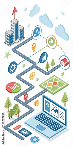 Isometric Illustration Business Growth Roadmap, Concept of Success, Laptop, Map, Cloud, Keyword1, Keyword2