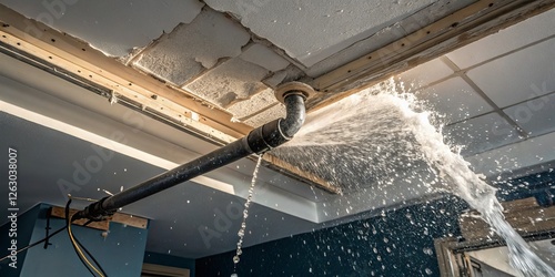 Leaking Ceiling Pipe Burst Pipe Water Damage, Low Angle Composition, Water Spray Water damage, burst pipe