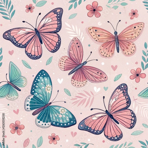 Pink and Teal Butterflies Seamless Pattern Floral Watercolor Illustration, Butterfly art, nature design Butterfly art, seamless pattern