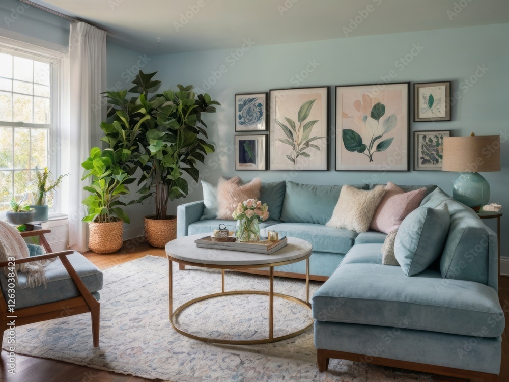 Fototapeta premium Serene Living Room Decor With Pastel Tones and Lush Greenery